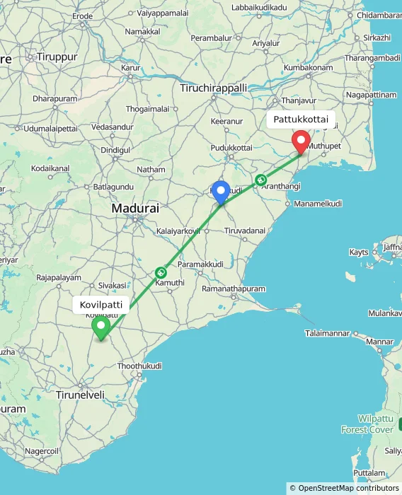 Route map showing distance and travel time from Kovilpatti, India to Pattukkottai, India