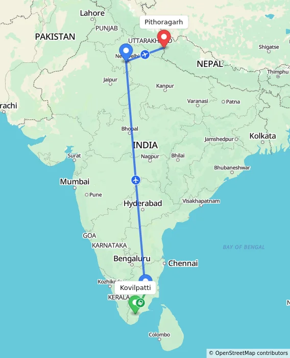 Route map showing distance and travel time from Kovilpatti, India to Pithoragarh, India