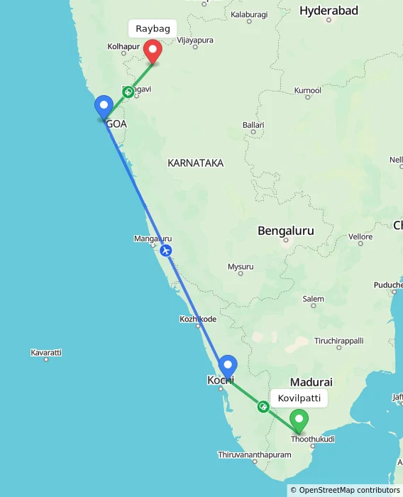 Route map showing distance and travel time from Kovilpatti, India to Raybag, India