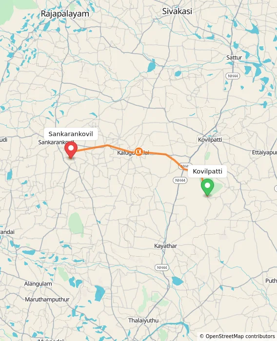 Route map showing distance and travel time from Kovilpatti, India to Sankarankovil, India