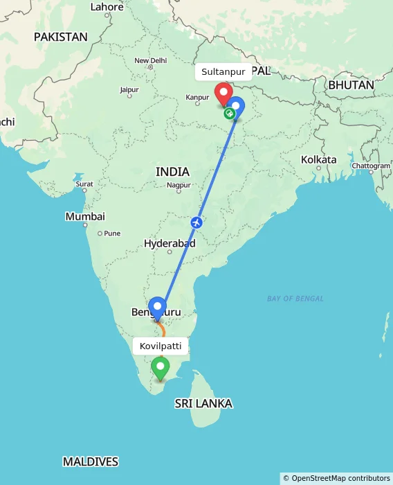 Route map showing distance and travel time from Kovilpatti, India to Sultanpur, India