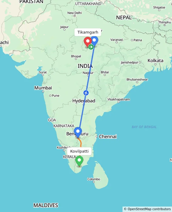 Route map showing distance and travel time from Kovilpatti, India to Tikamgarh, India