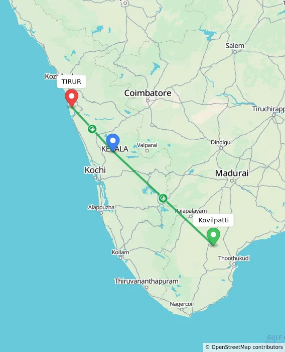 Route map showing distance and travel time from Kovilpatti, India to TIRUR, India
