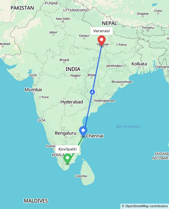 Route map showing distance and travel time from Kovilpatti, India to Varanasi, India