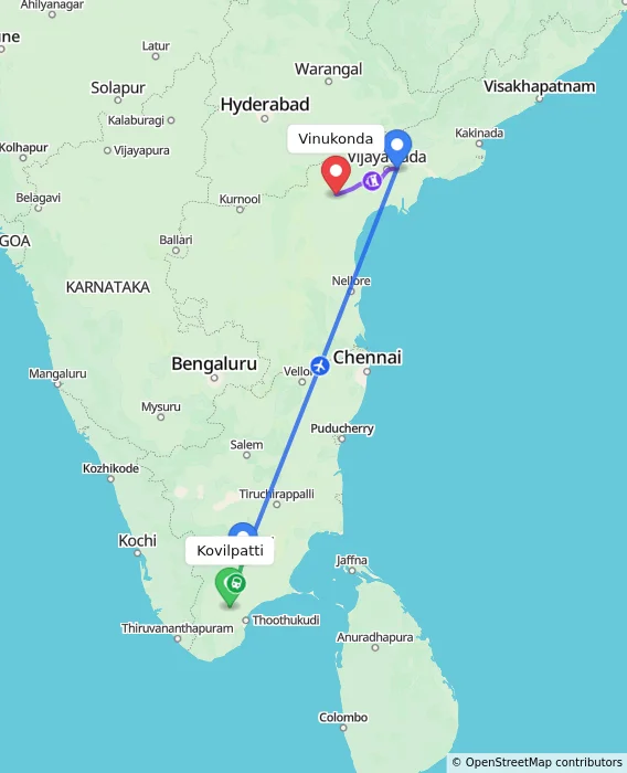Route map showing distance and travel time from Kovilpatti, India to Vinukonda, India
