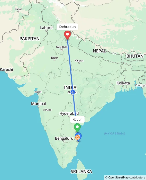 Route map showing distance and travel time from Kovur, India to Dehradun, India