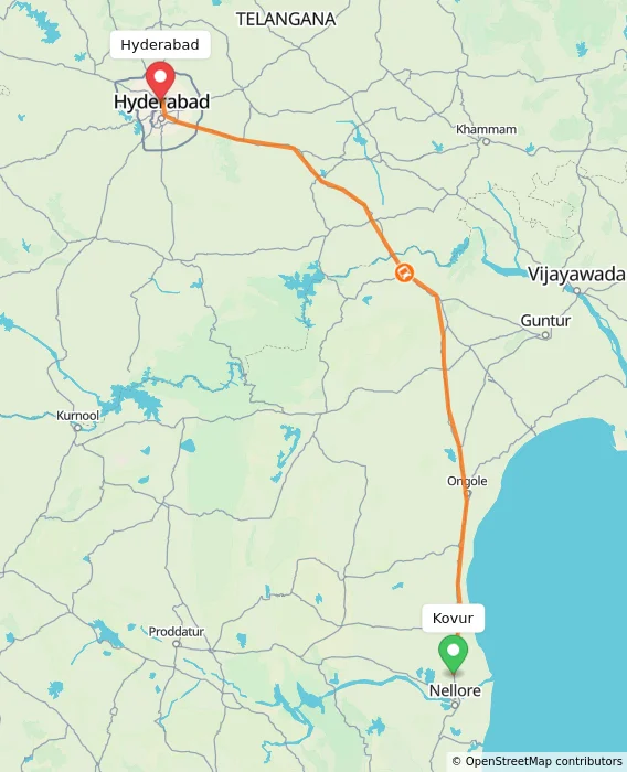 Route map showing distance and travel time from Kovur, India to Hyderabad, India