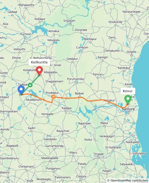 Route map showing distance and travel time from Kovur, India to Koilkuntla, India