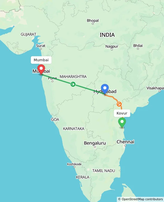 Route map showing distance and travel time from Kovur, India to Mumbai, India