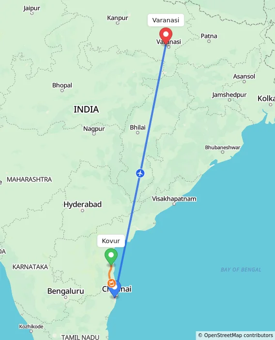 Route map showing distance and travel time from Kovur, India to Varanasi, India