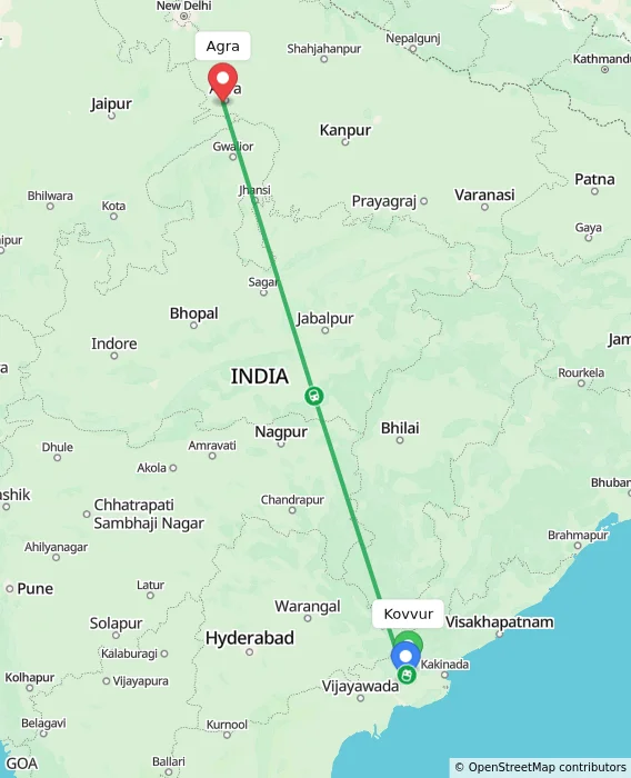 Route map showing distance and travel time from Kovvur, India to Agra, India