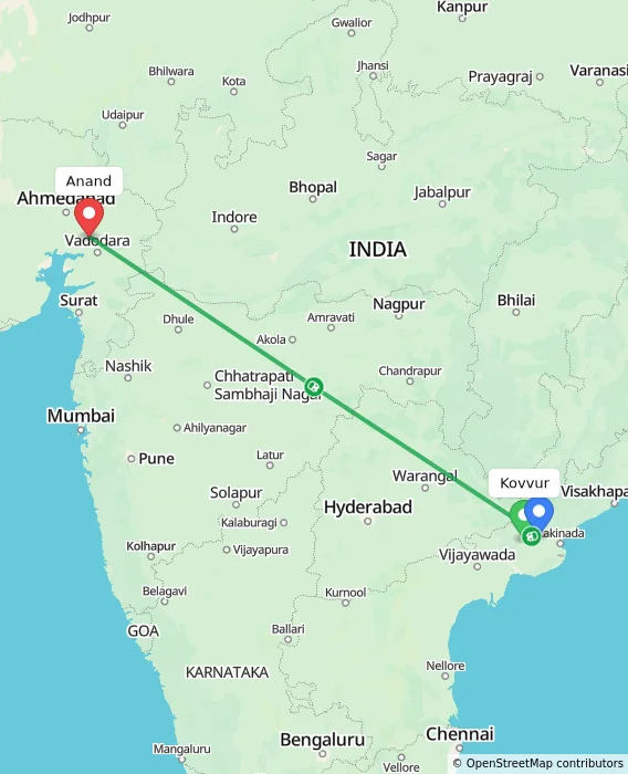 Route map showing distance and travel time from Kovvur, India to Anand, India