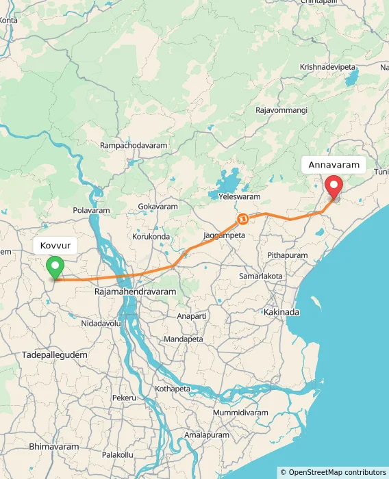 Route map showing distance and travel time from Kovvur, India to Annavaram, India