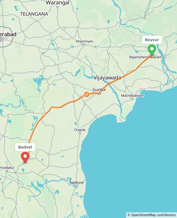 Route map showing distance and travel time from Kovvur, India to Badvel, India
