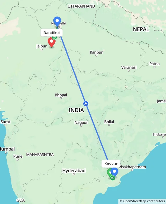 Route map showing distance and travel time from Kovvur, India to Bandikui, India