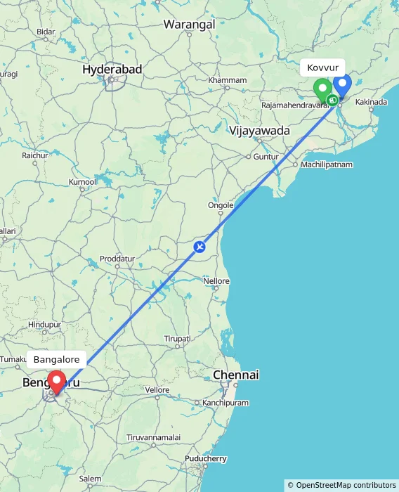 Route map showing distance and travel time from Kovvur, India to Bangalore, India