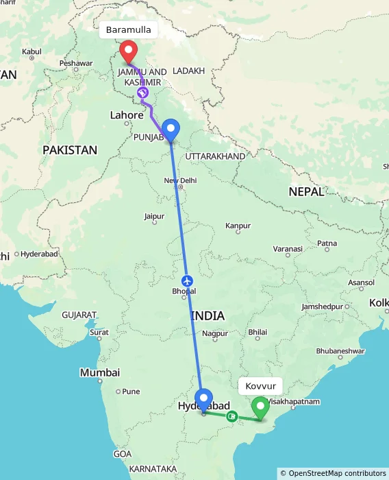 Route map showing distance and travel time from Kovvur, India to Baramulla, India