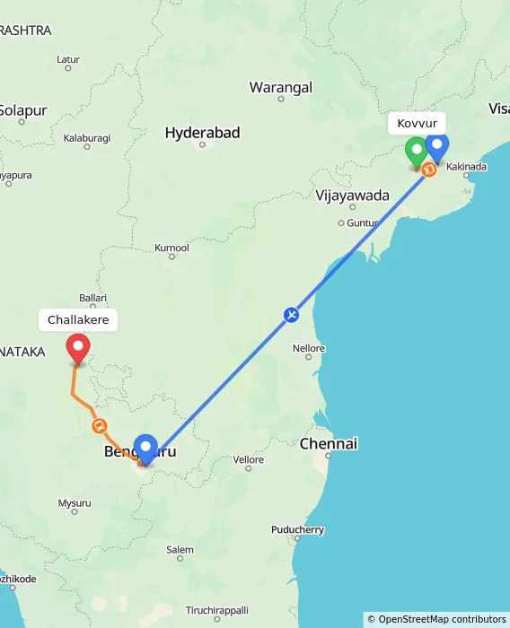 Route map showing distance and travel time from Kovvur, India to Challakere, India