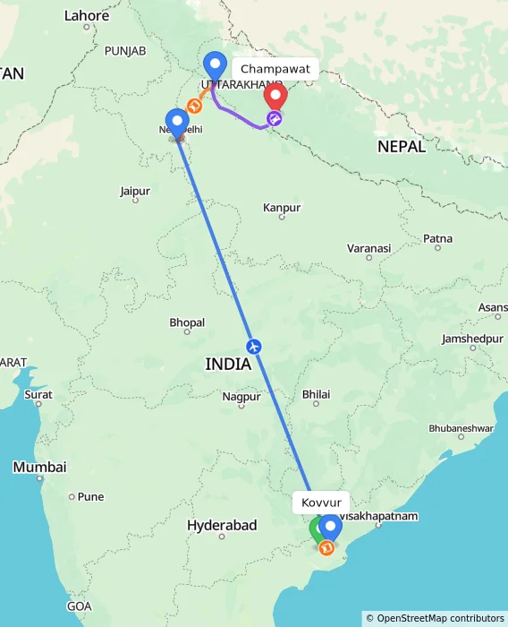 Route map showing distance and travel time from Kovvur, India to Champawat, India