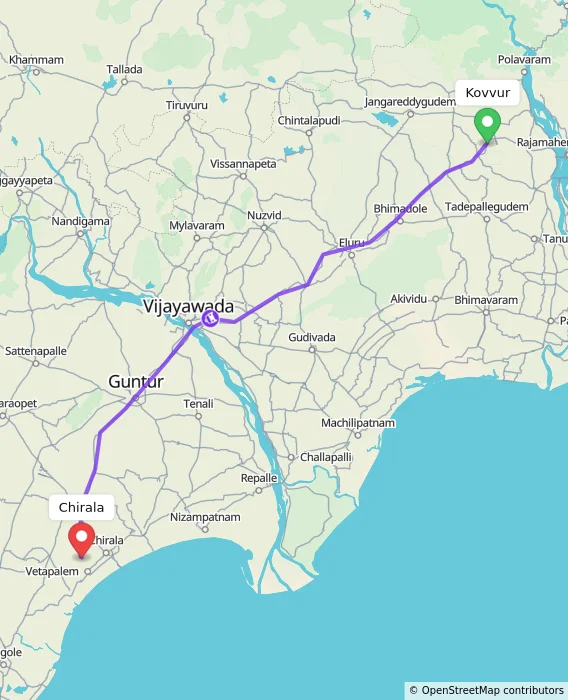 Route map showing distance and travel time from Kovvur, India to Chirala, India