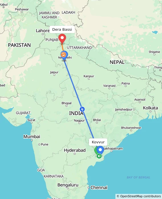 Route map showing distance and travel time from Kovvur, India to Dera Bassi, India