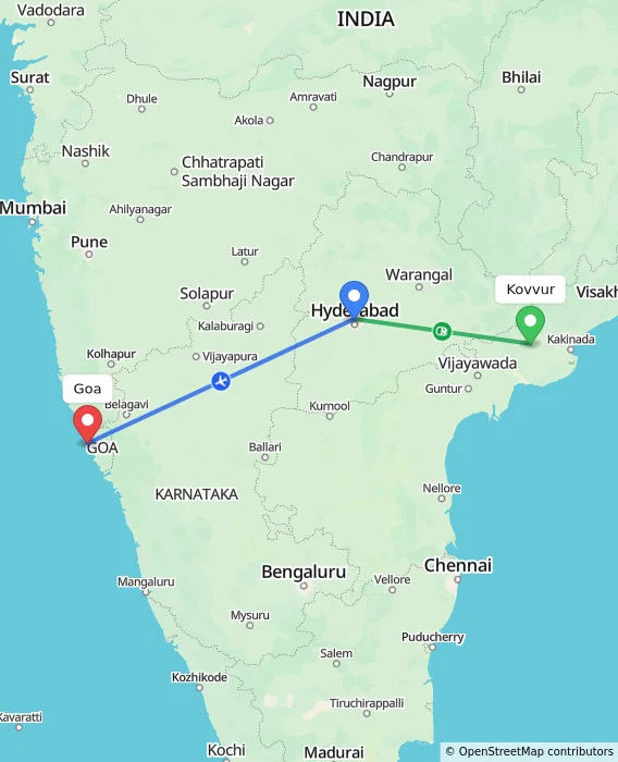 Route map showing distance and travel time from Kovvur, India to Goa, India