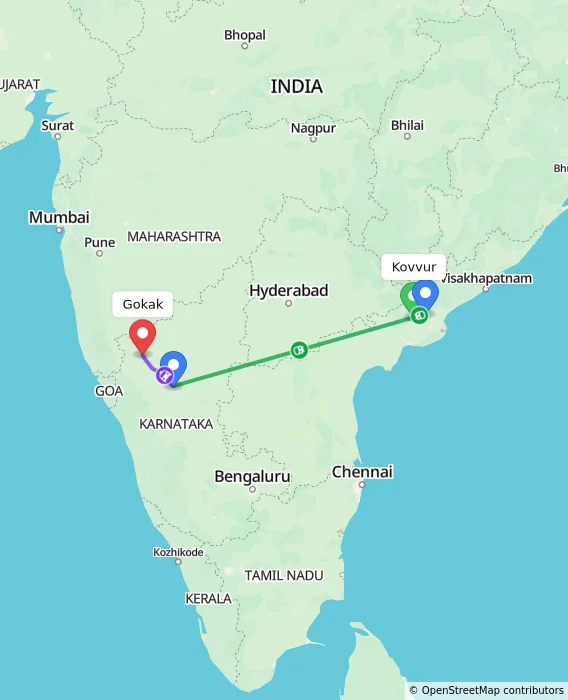 Route map showing distance and travel time from Kovvur, India to Gokak, India