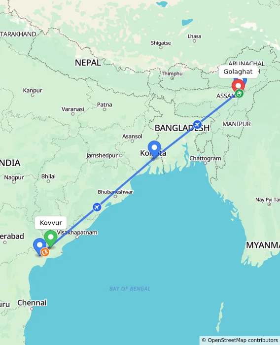 Route map showing distance and travel time from Kovvur, India to Golaghat, India