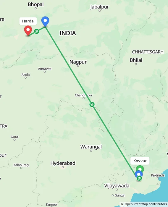 Route map showing distance and travel time from Kovvur, India to Harda, India
