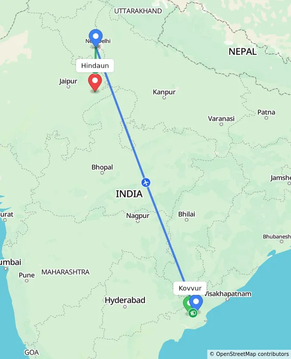 Route map showing distance and travel time from Kovvur, India to Hindaun, India