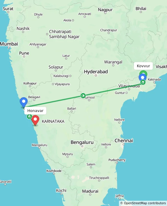 Route map showing distance and travel time from Kovvur, India to Honavar, India
