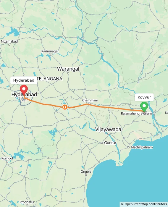 Route map showing distance and travel time from Kovvur, India to Hyderabad, India
