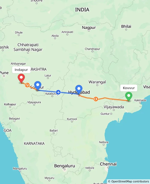Route map showing distance and travel time from Kovvur, India to Indapur, India