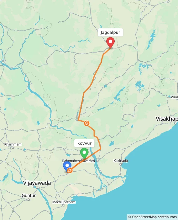 Route map showing distance and travel time from Kovvur, India to Jagdalpur, India