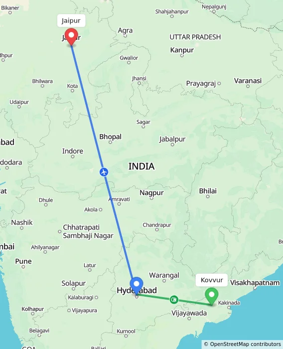 Route map showing distance and travel time from Kovvur, India to Jaipur, India