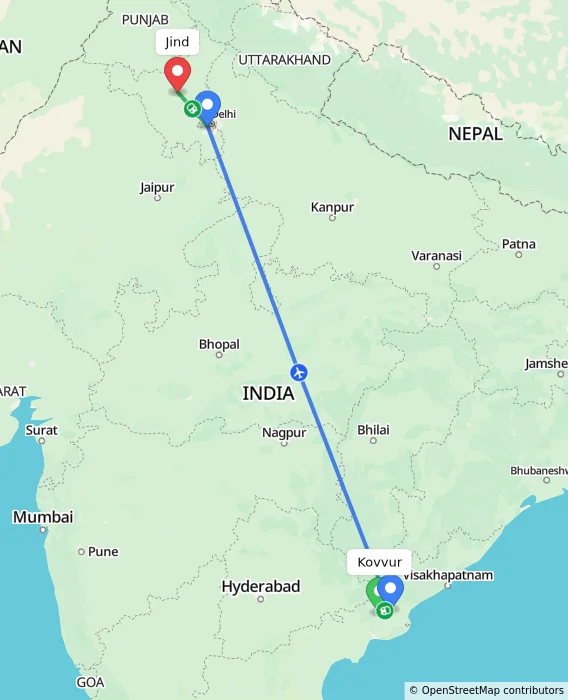 Route map showing distance and travel time from Kovvur, India to Jind, India