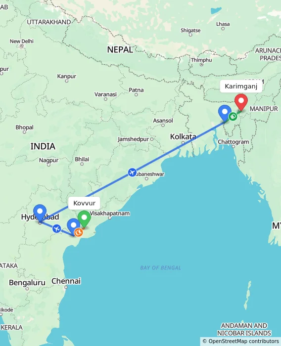 Route map showing distance and travel time from Kovvur, India to Karimganj, India