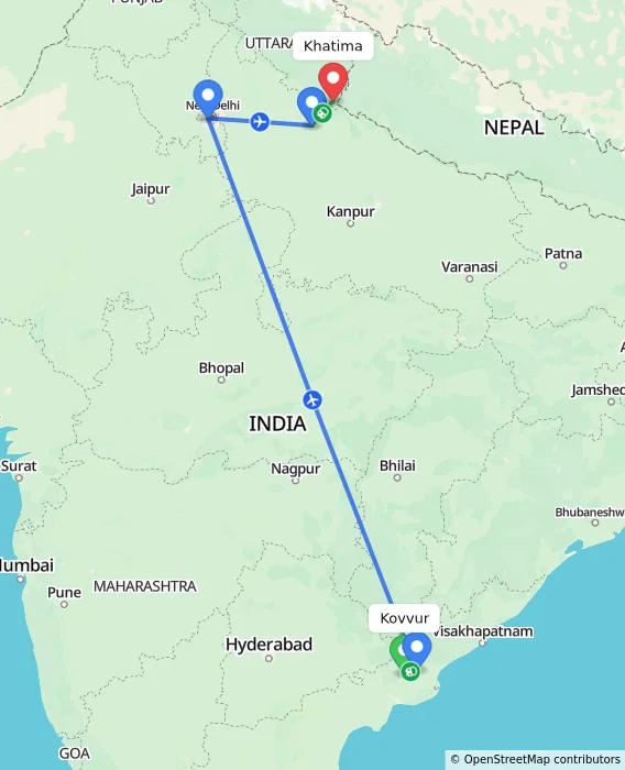 Route map showing distance and travel time from Kovvur, India to Khatima, India
