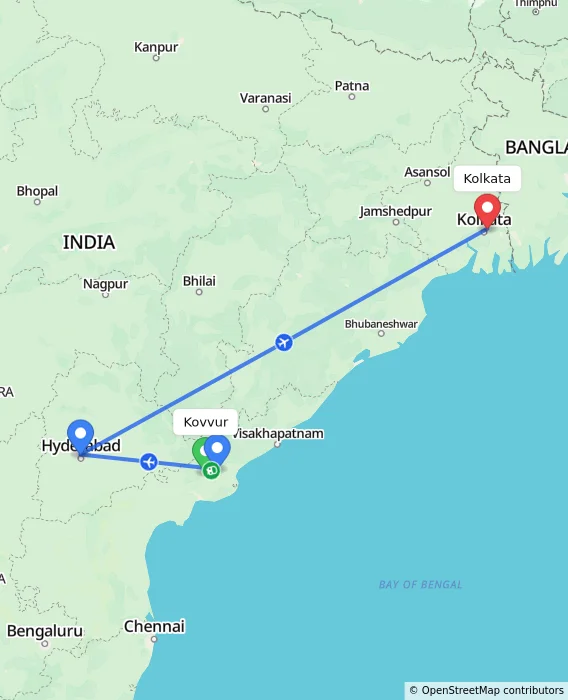 Route map showing distance and travel time from Kovvur, India to Kolkata, India