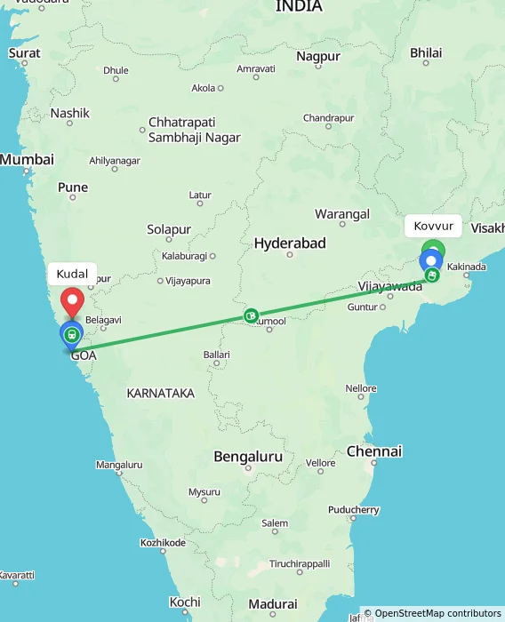 Route map showing distance and travel time from Kovvur, India to Kudal, India