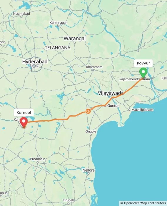 Route map showing distance and travel time from Kovvur, India to Kurnool, India