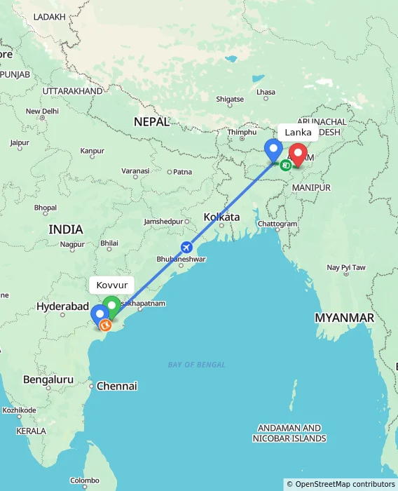 Route map showing distance and travel time from Kovvur, India to Lanka, India