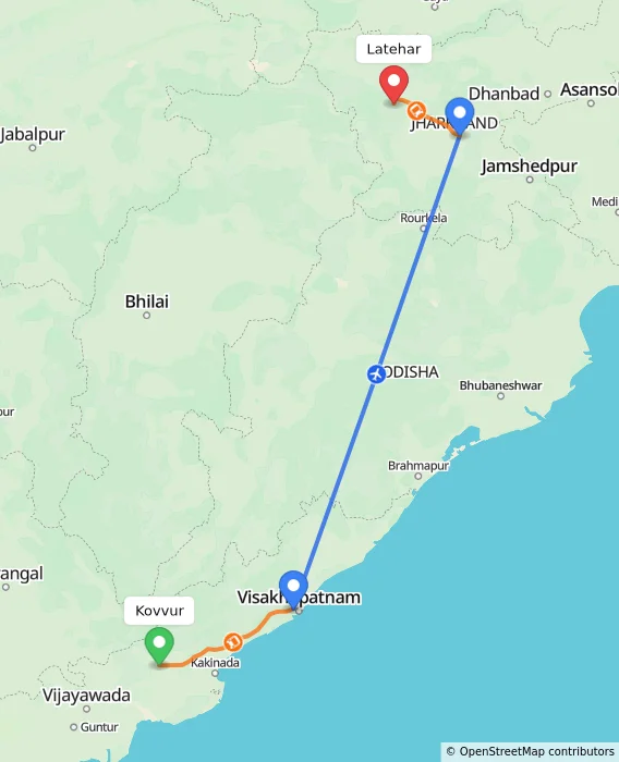 Route map showing distance and travel time from Kovvur, India to Latehar, India