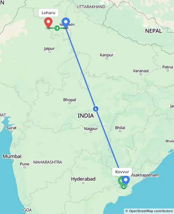 Route map showing distance and travel time from Kovvur, India to Loharu, India