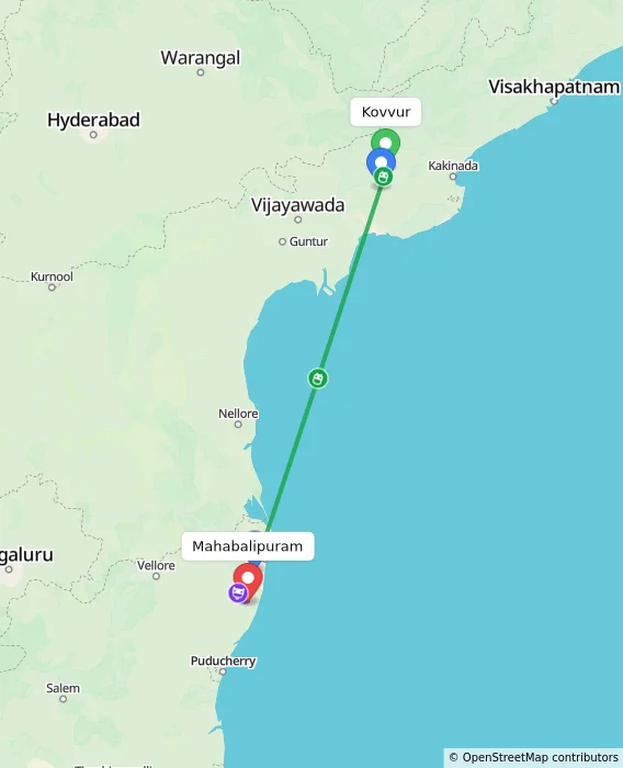 Route map showing distance and travel time from Kovvur, India to Mahabalipuram, India