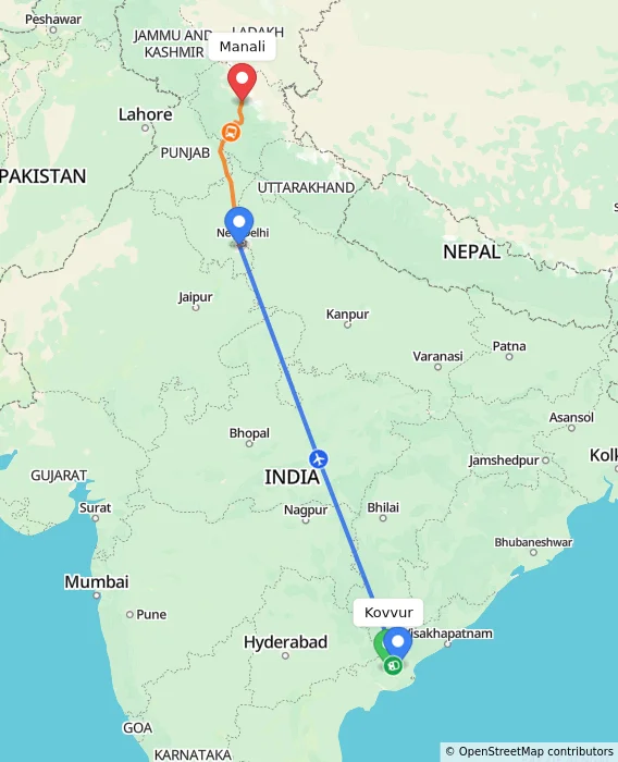 Route map showing distance and travel time from Kovvur, India to Manali, India