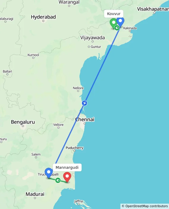 Route map showing distance and travel time from Kovvur, India to Mannargudi, India