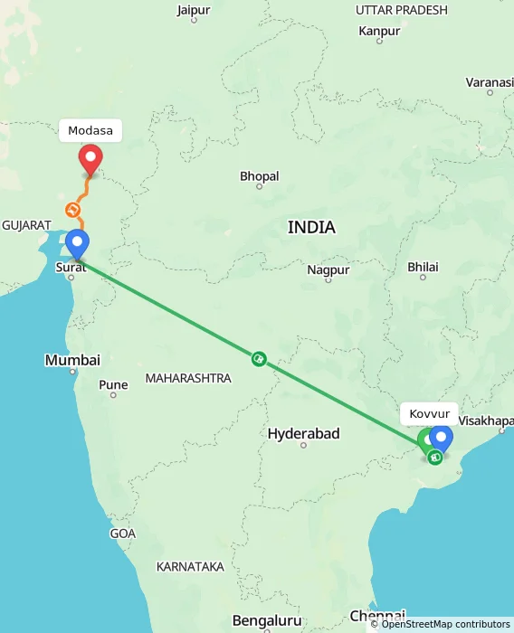 Route map showing distance and travel time from Kovvur, India to Modasa, India