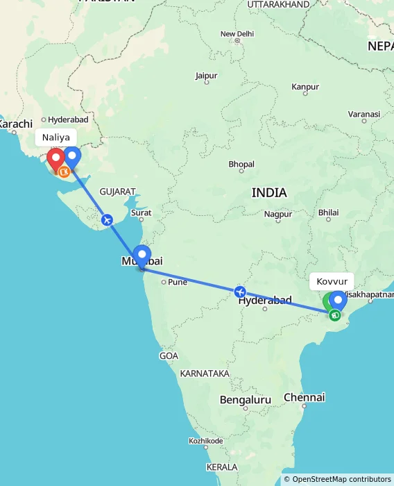Route map showing distance and travel time from Kovvur, India to Naliya, India