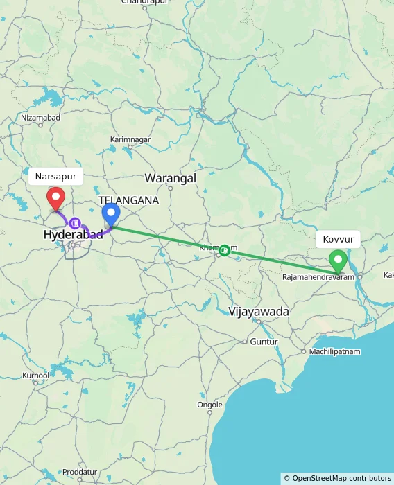 Route map showing distance and travel time from Kovvur, India to Narsapur, India